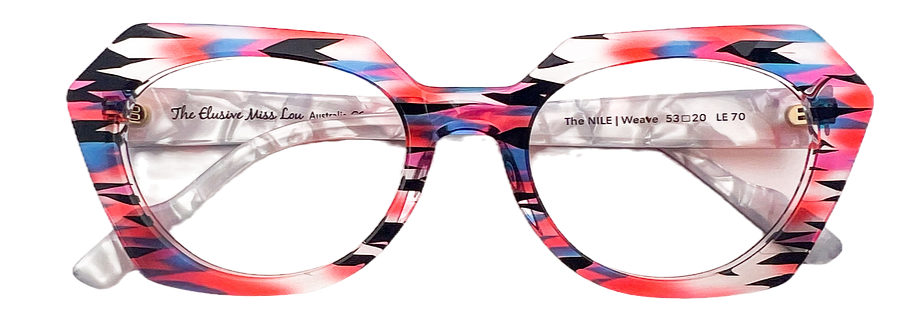 The Nile represents the sophisticated traveller - a lady that owns her own style and isn't afraid a dip on the wild side. A masterpiece of sleep lines, oval frames, and stunning acetate blends. It's a modern classic in the making. A unique, limited edition, handmade fabric optical frame by The Elusive Miss Lou. Size: 53- 20 – 143 Shape: Rectangle