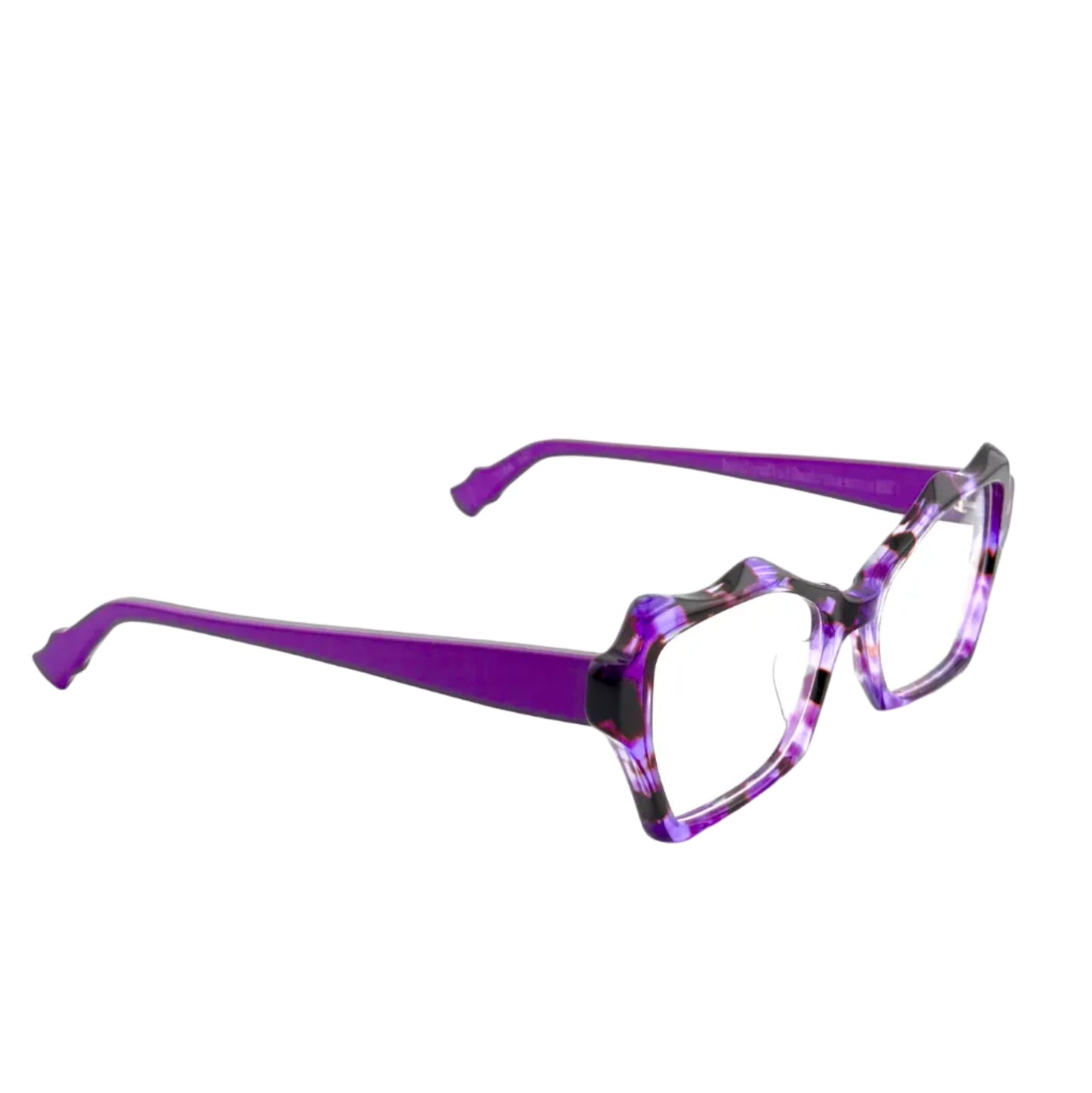 Purple eyeglasses with a geometric frame design on a white background