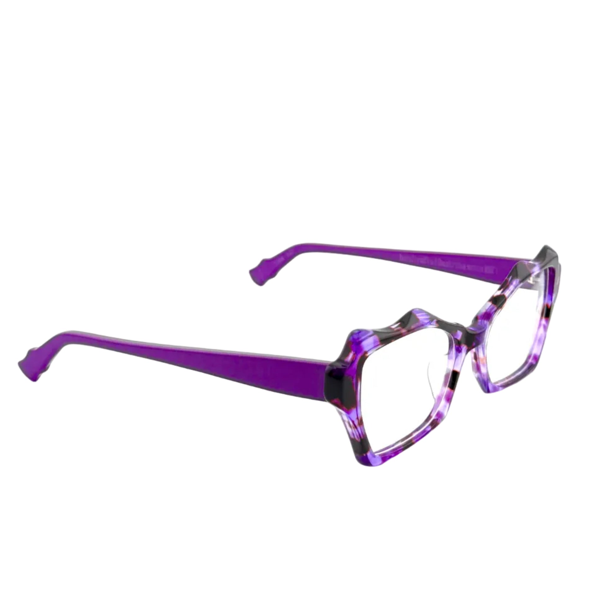 Purple eyeglasses with a geometric frame design on a white background