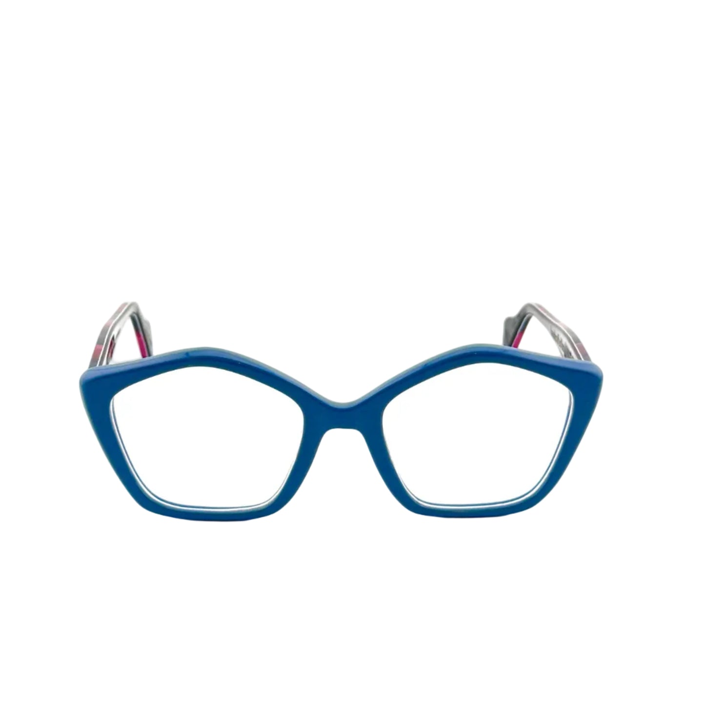 Blue eyeglasses with silver accents on a white background