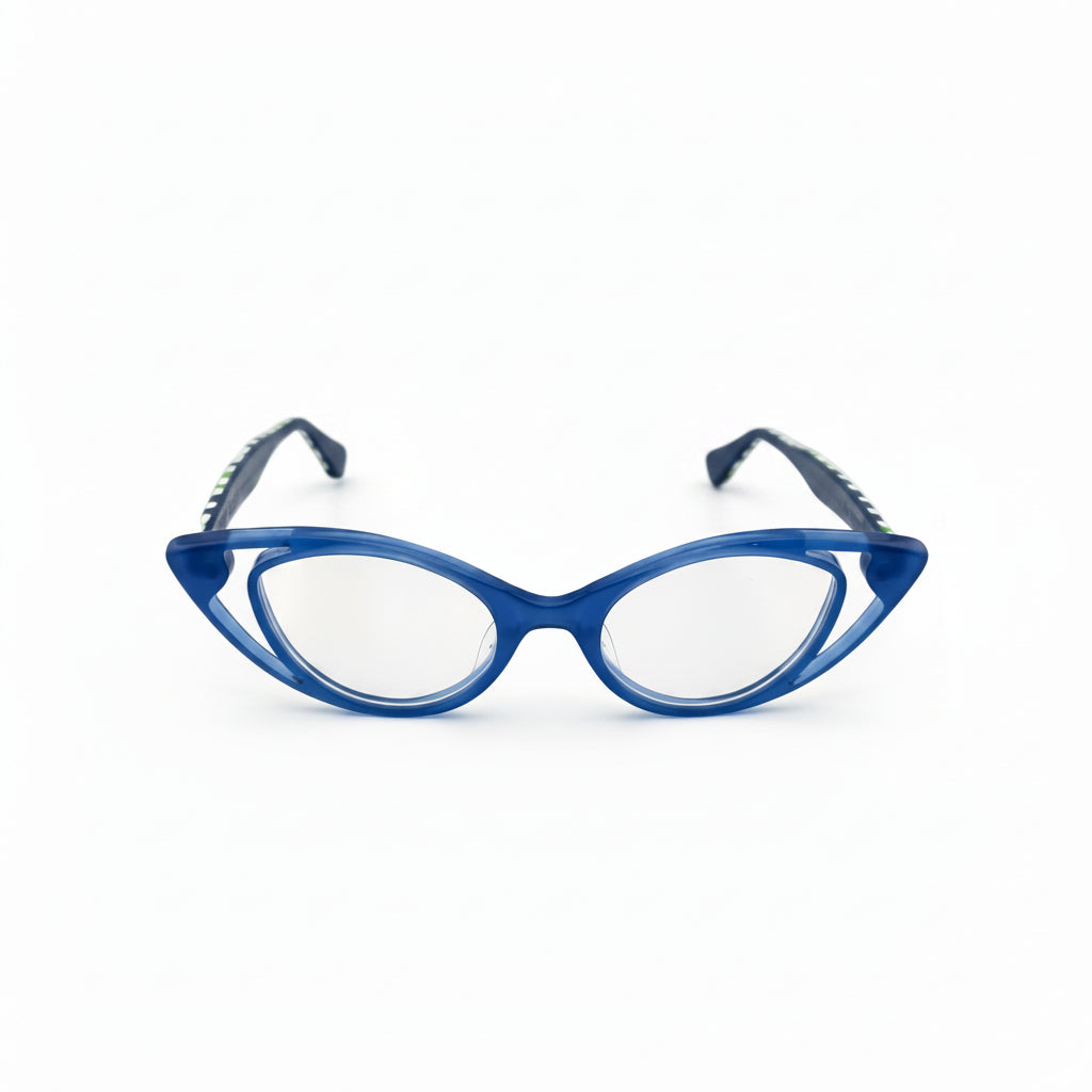 Blue cat-eye glasses on a white background