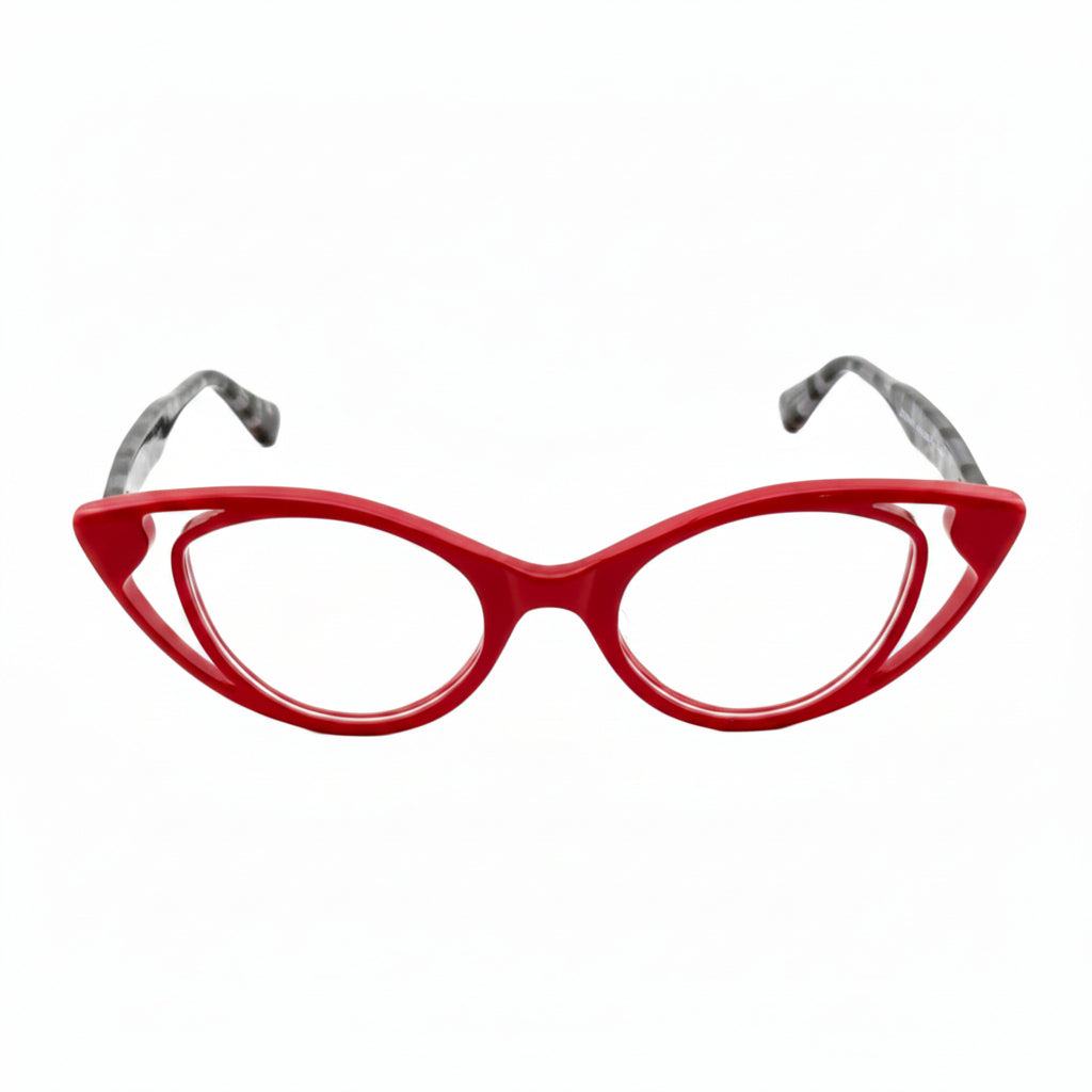 Red cat-eye glasses on a white background
