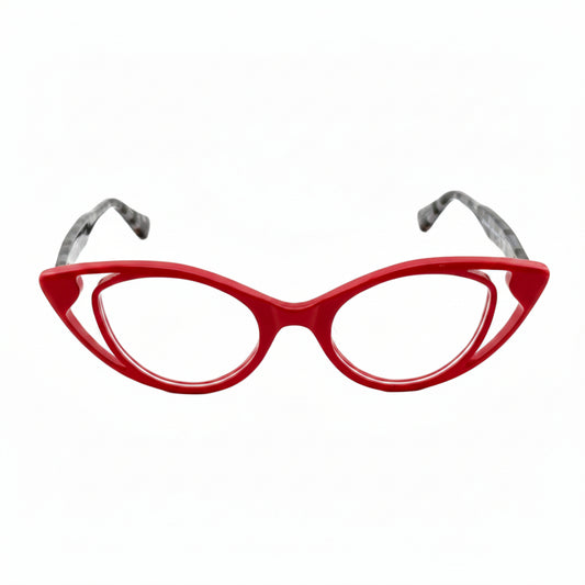 Red cat-eye glasses on a white background