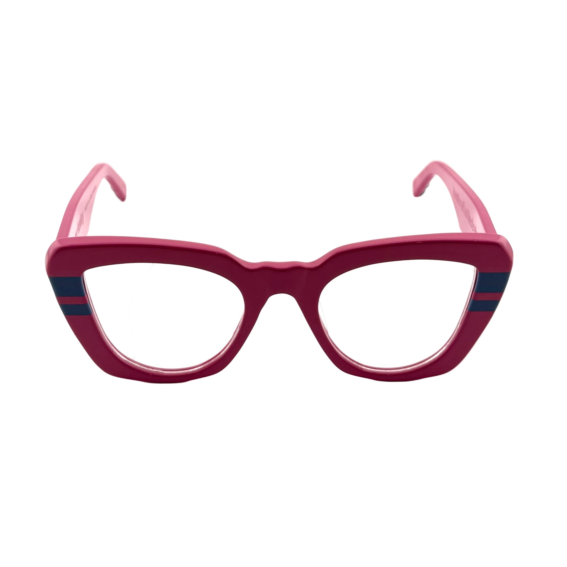Red cat-eye glasses with blue accents on a white background