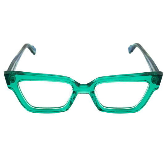 Green cat-eye glasses on a white background