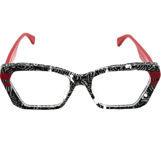 Eyeglasses with a black and red frame on a white background