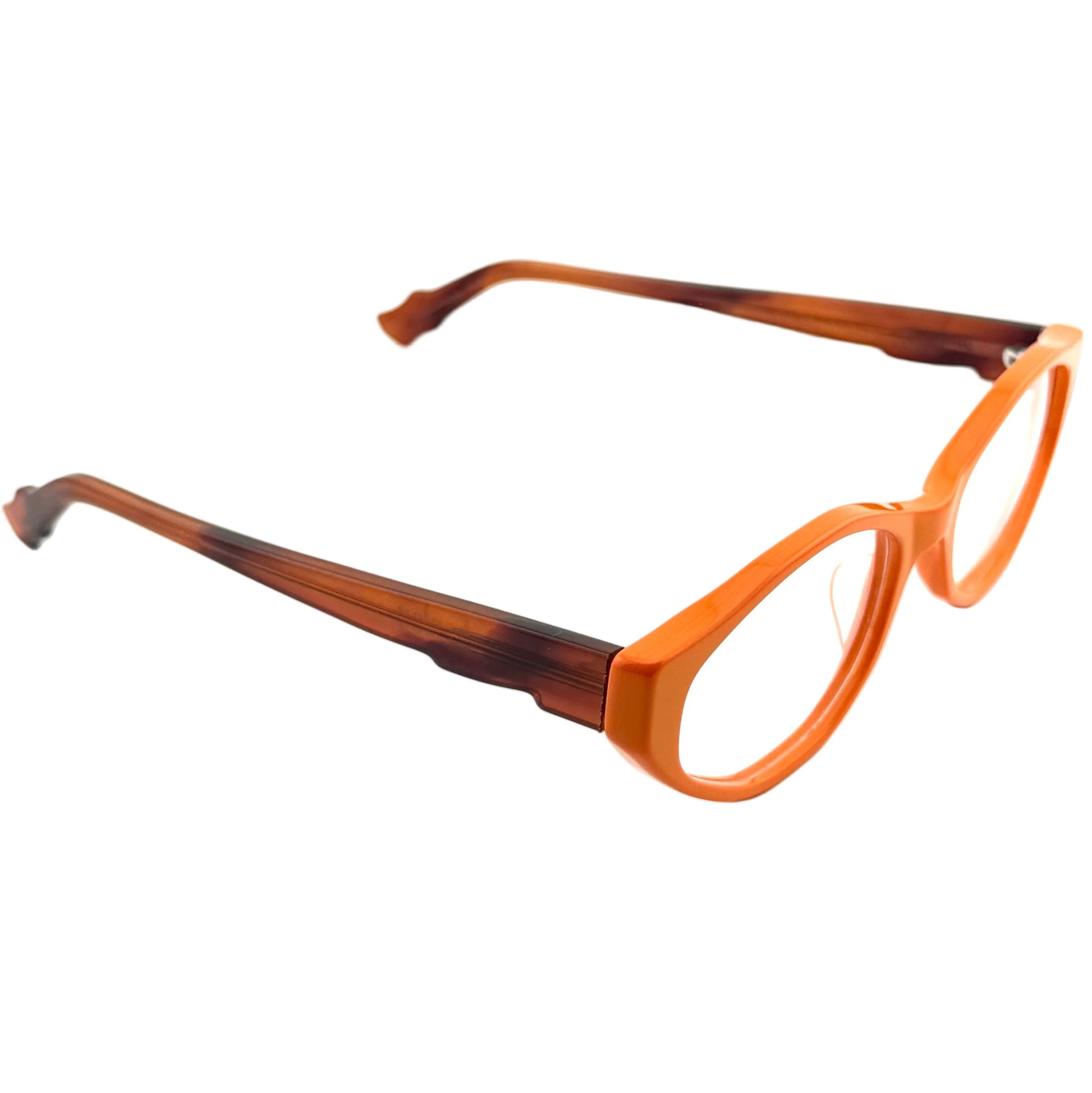 Eyeglasses with orange and brown frame on a white background