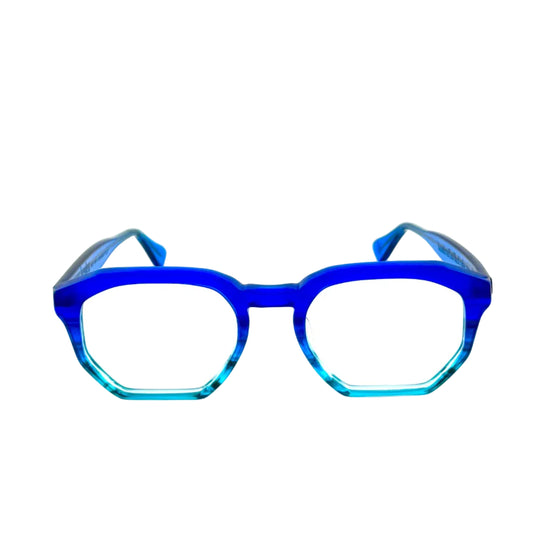 Blue eyeglasses on a white background