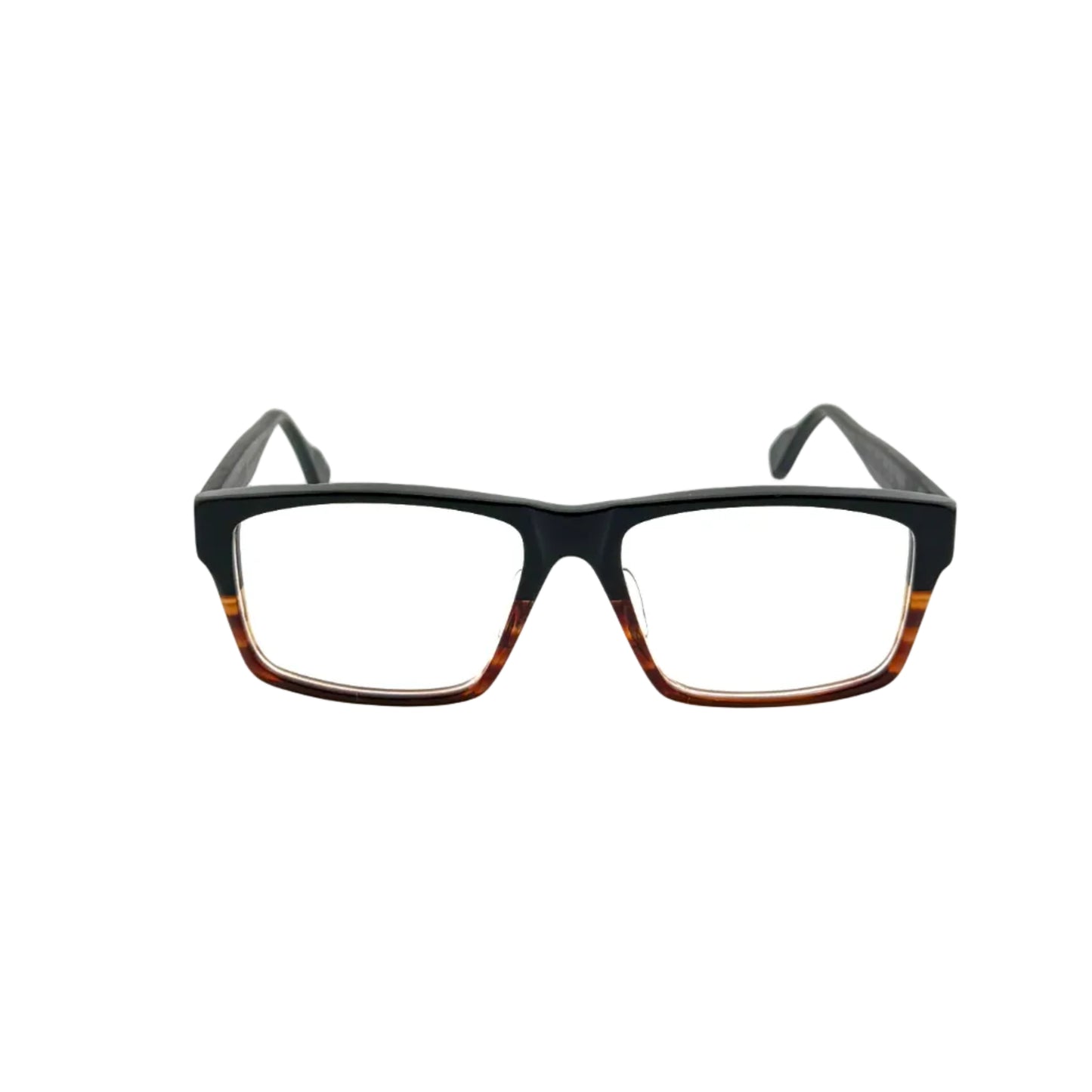 Black-framed eyeglasses on a white background