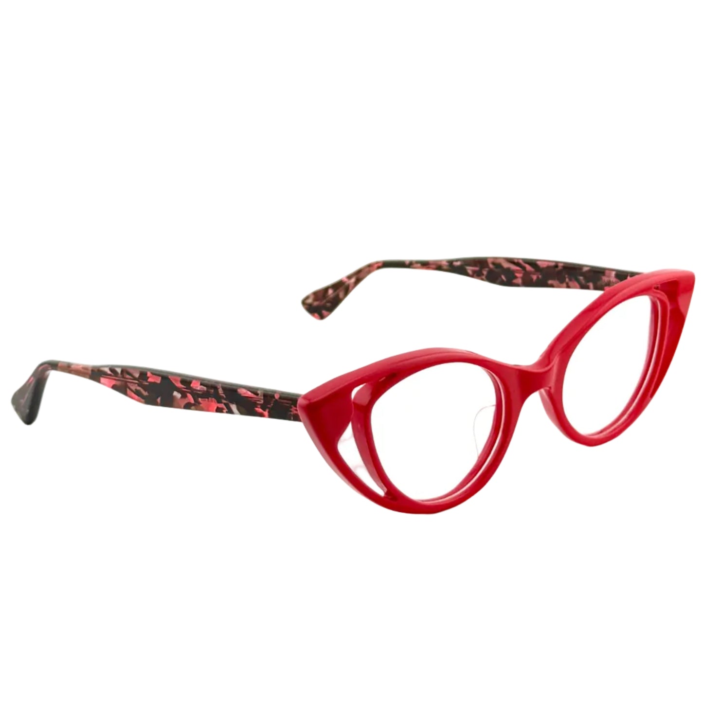 Red eyeglasses with a patterned arm on a white background