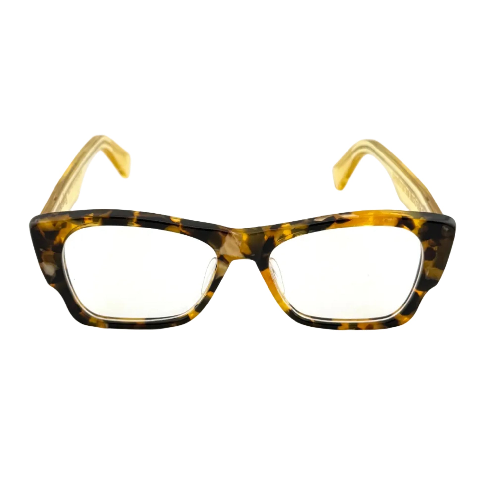 Tortoiseshell eyeglasses with gold accents on a white background
