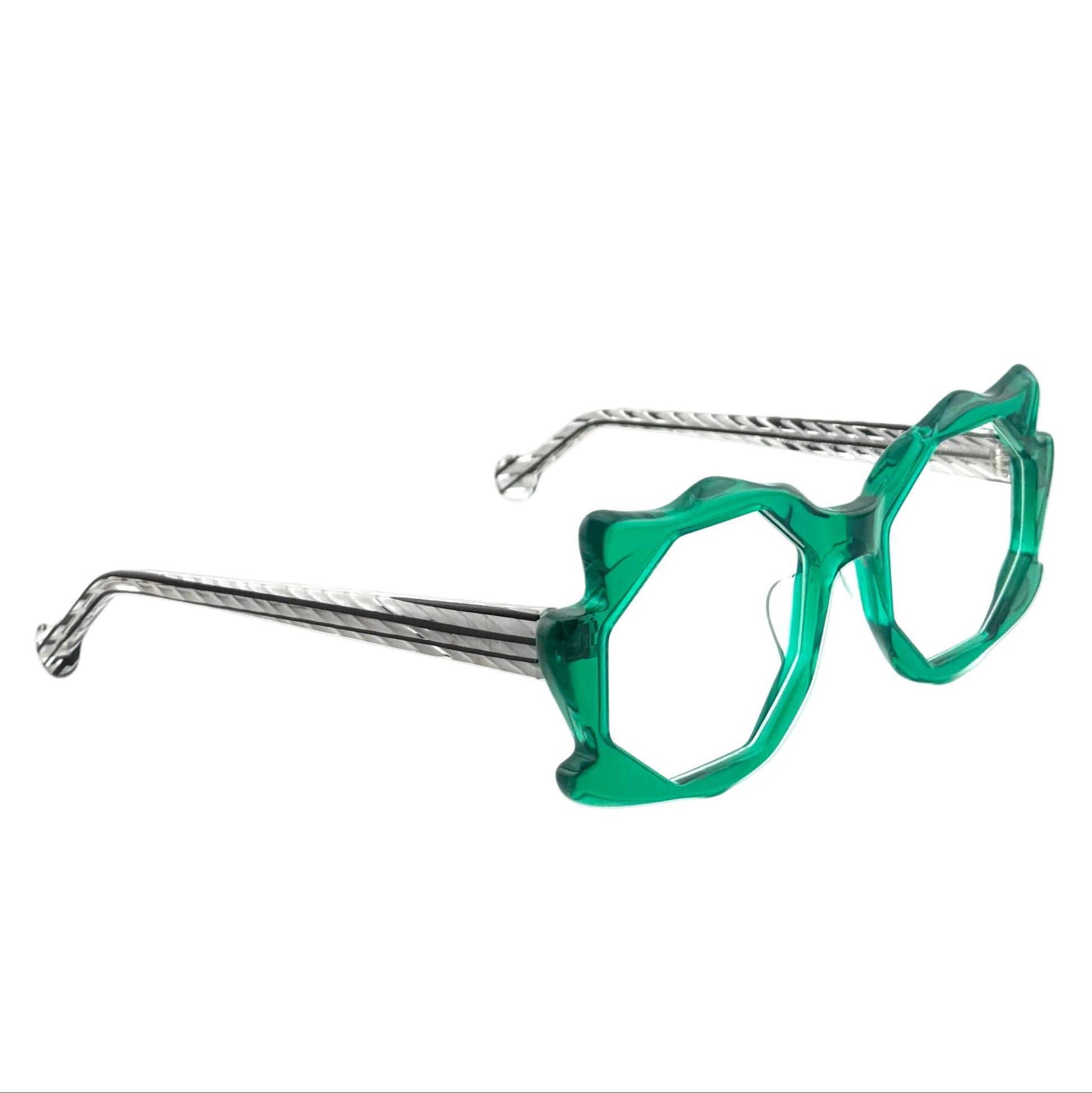 Green cat-eye glasses on a white background