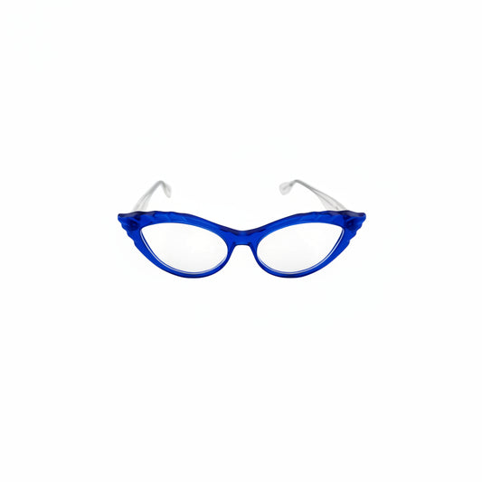 Blue eyeglasses with a white background
