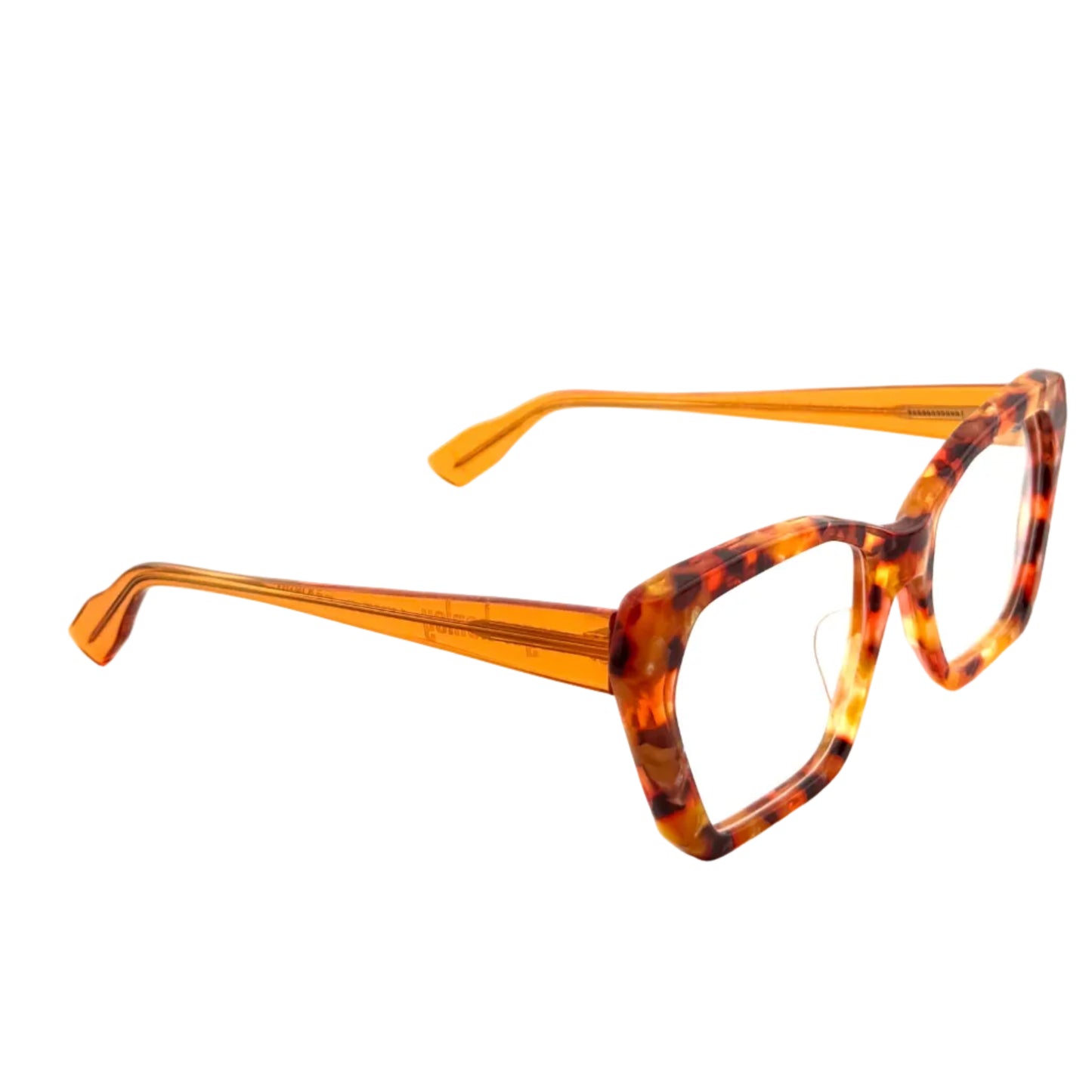 Orange and brown tortoiseshell glasses on a white background