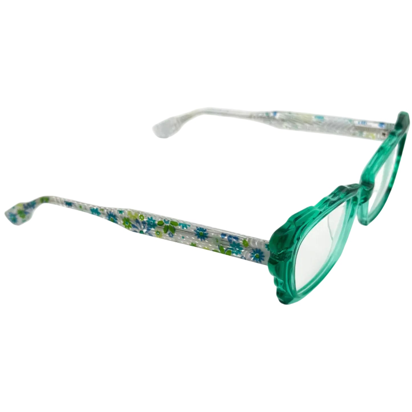 Green eyeglasses with floral pattern on a white background
