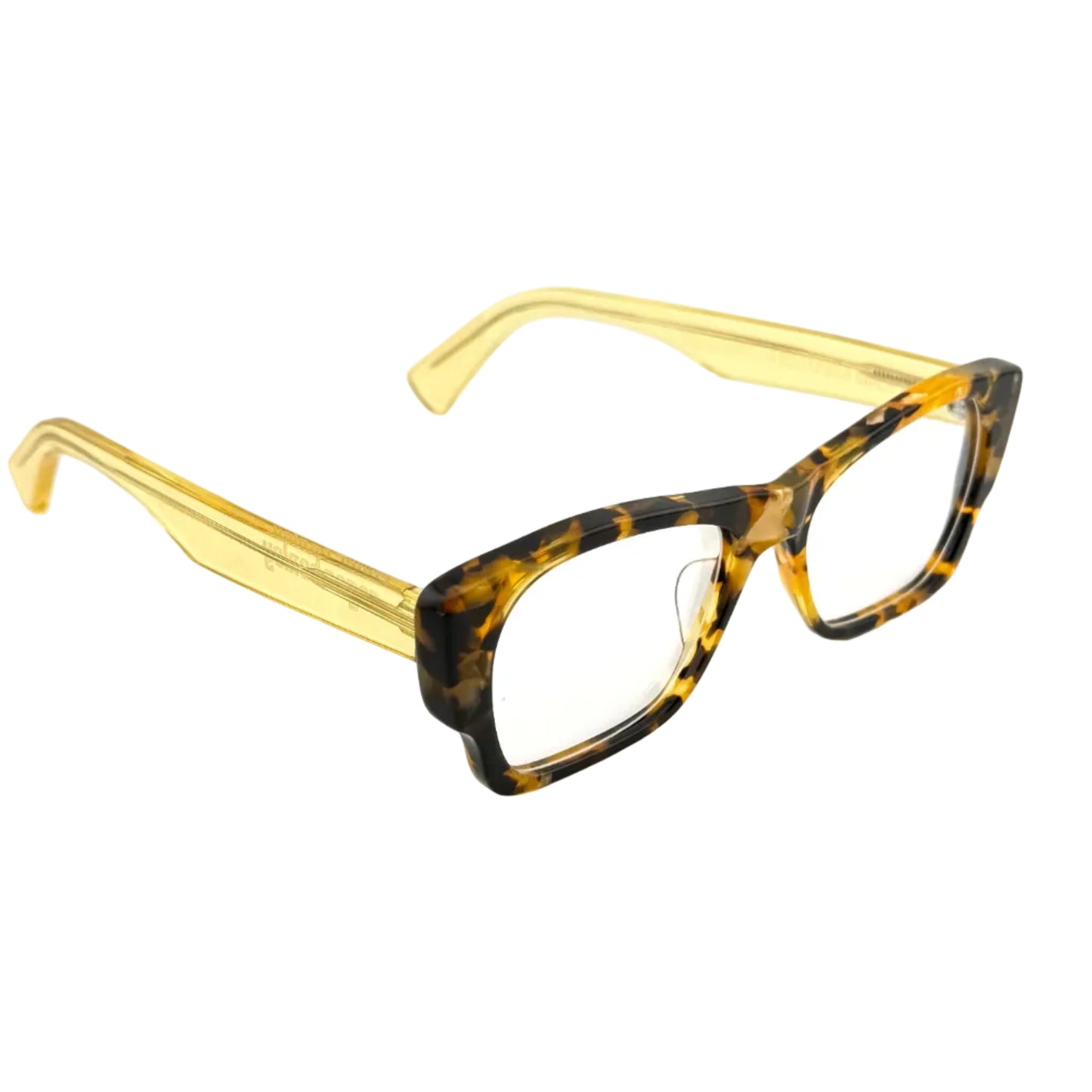 Eyeglasses with gold frame and tortoiseshell arms on a white background