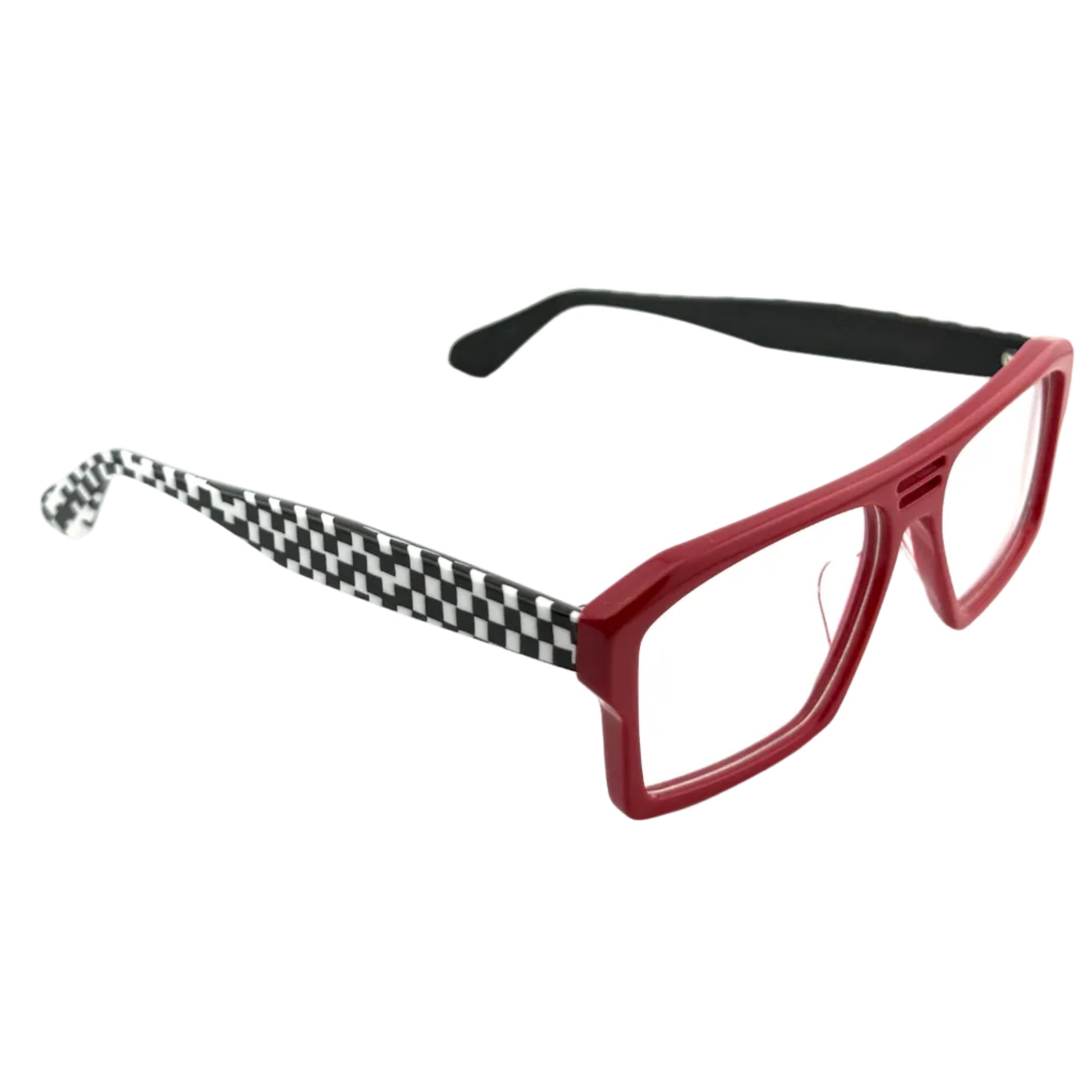 Red eyeglasses with a black and white checkered arm on a white background