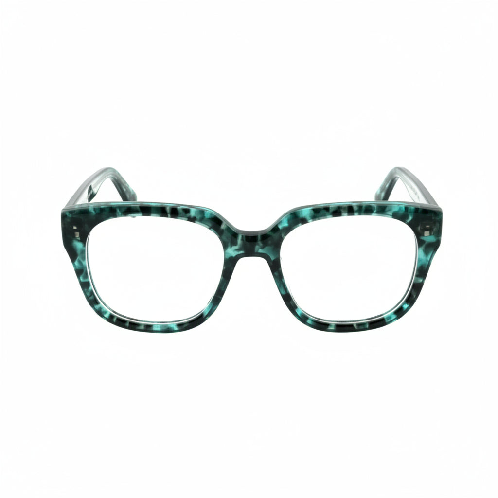 Pair of glasses with a distinctive design on a white background