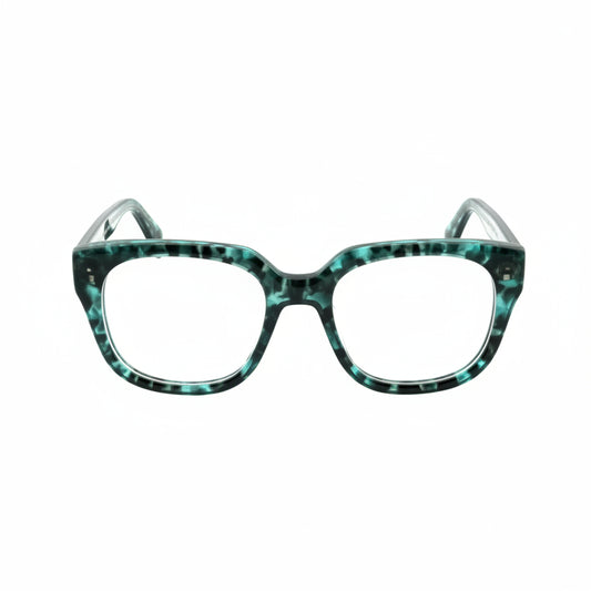 Pair of glasses with a distinctive design on a white background