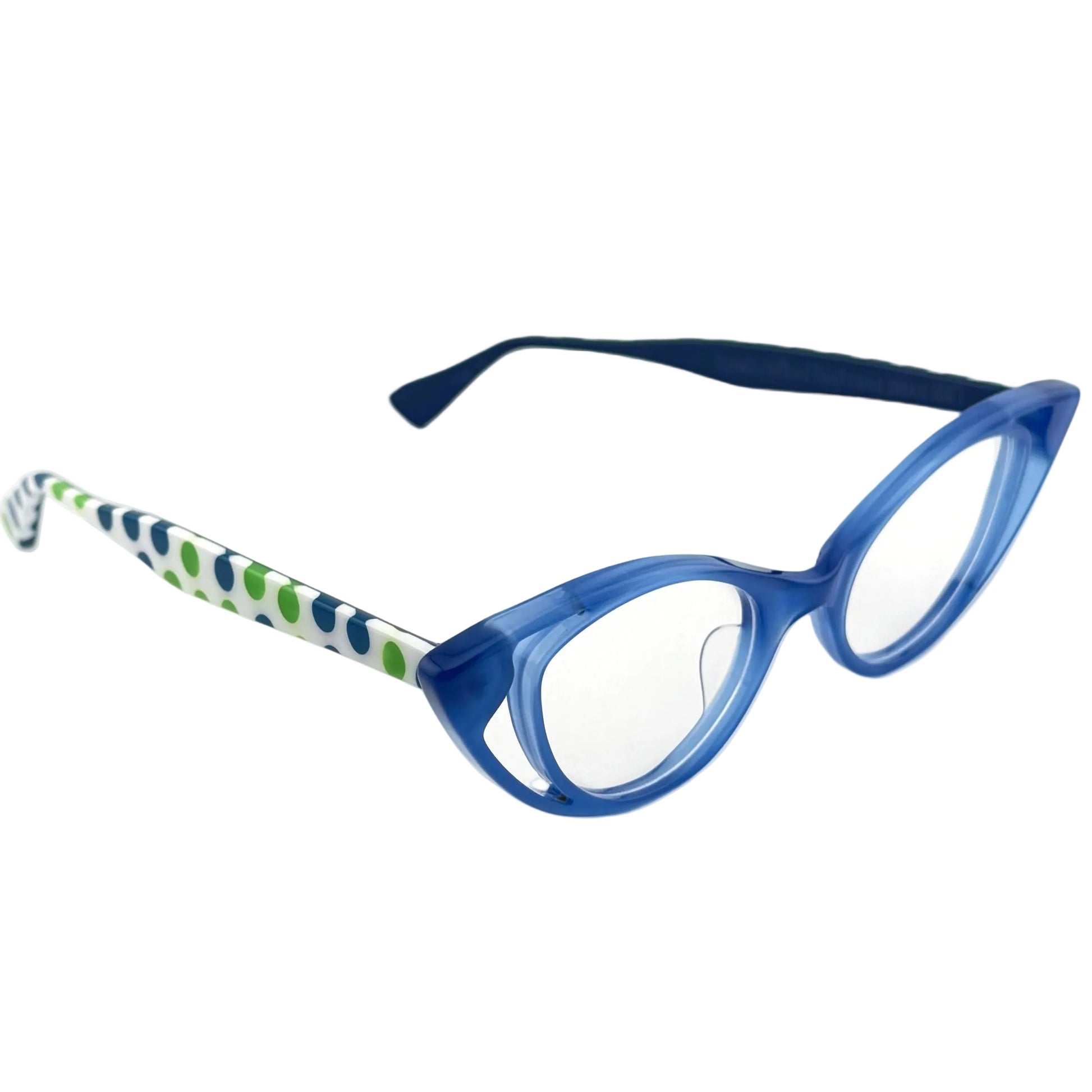 Blue eyeglasses with patterned arm on a white background
