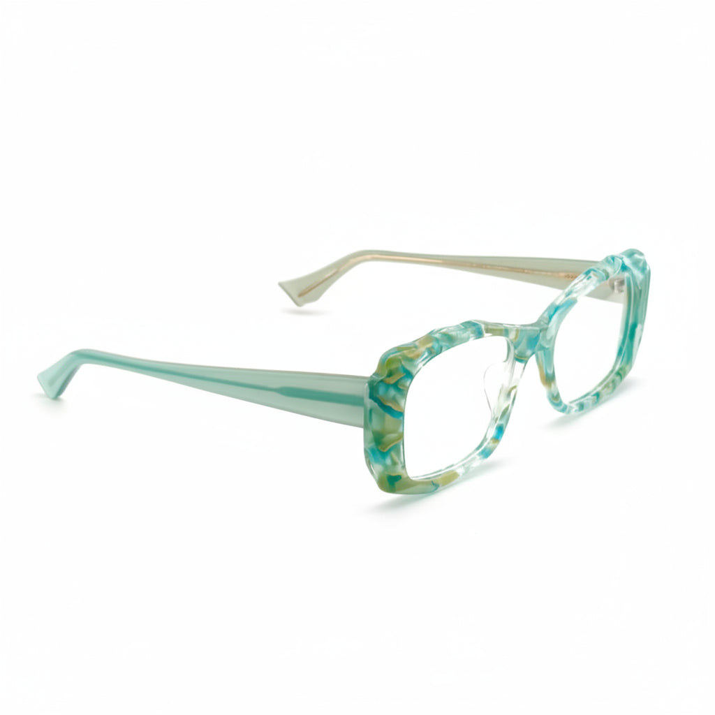 Teal eyeglasses on a white background