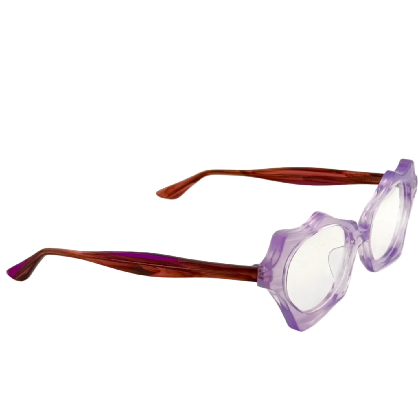 Purple eyeglasses with brown arms on a white background