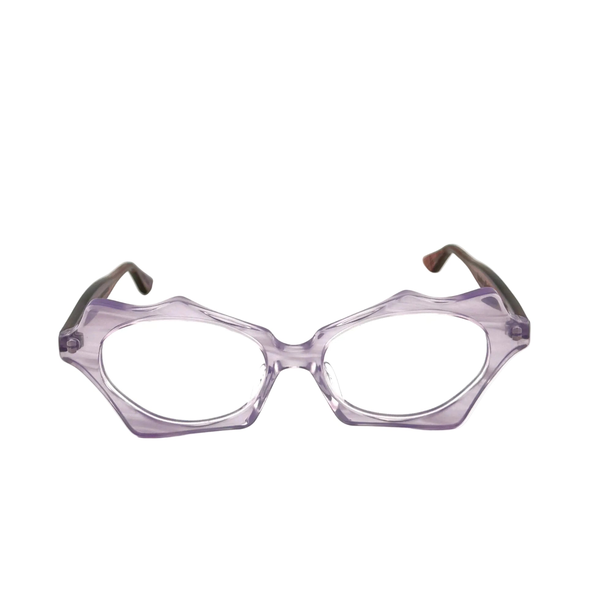 Purple geometric glasses on a white background