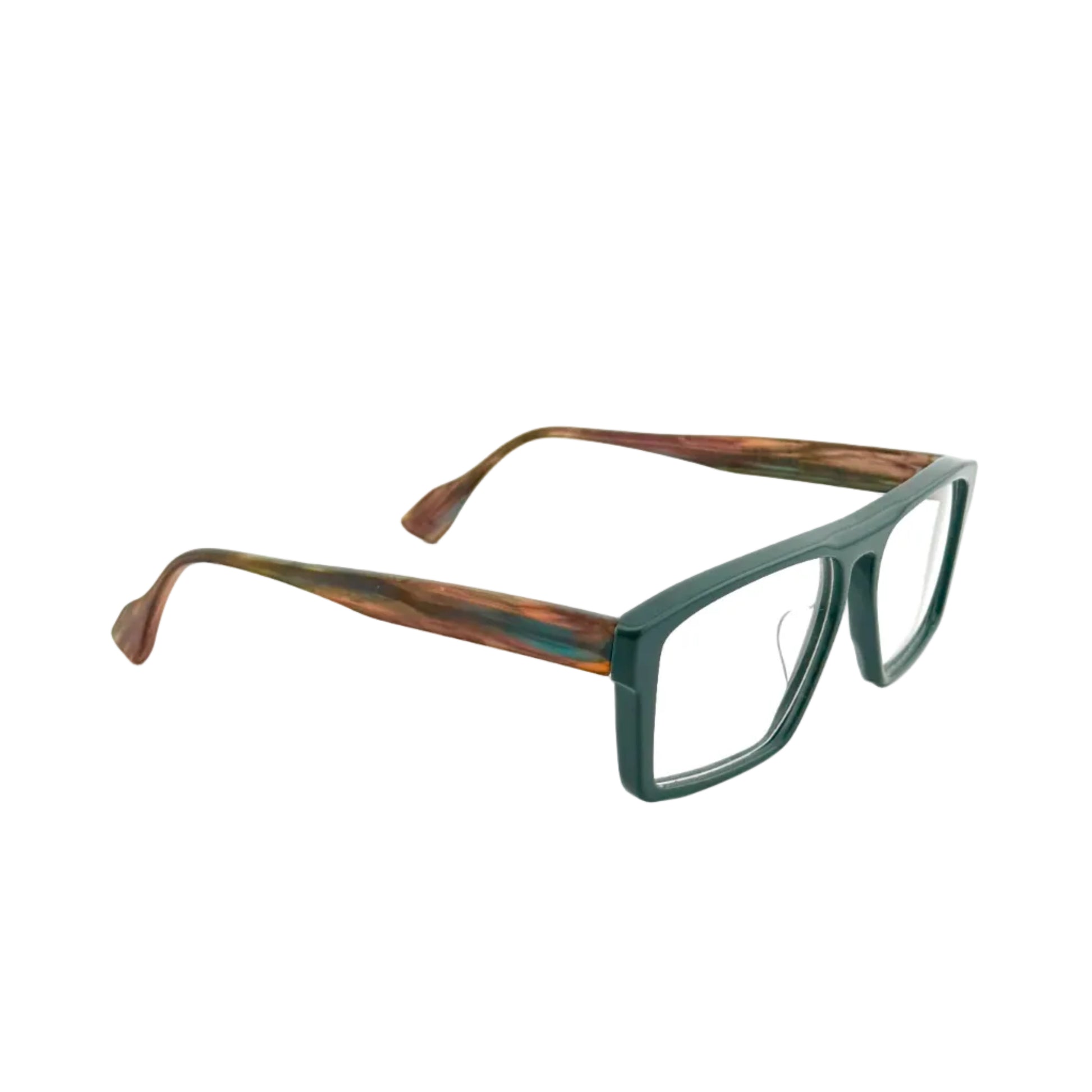 Green eyeglasses with brown accents on a white background