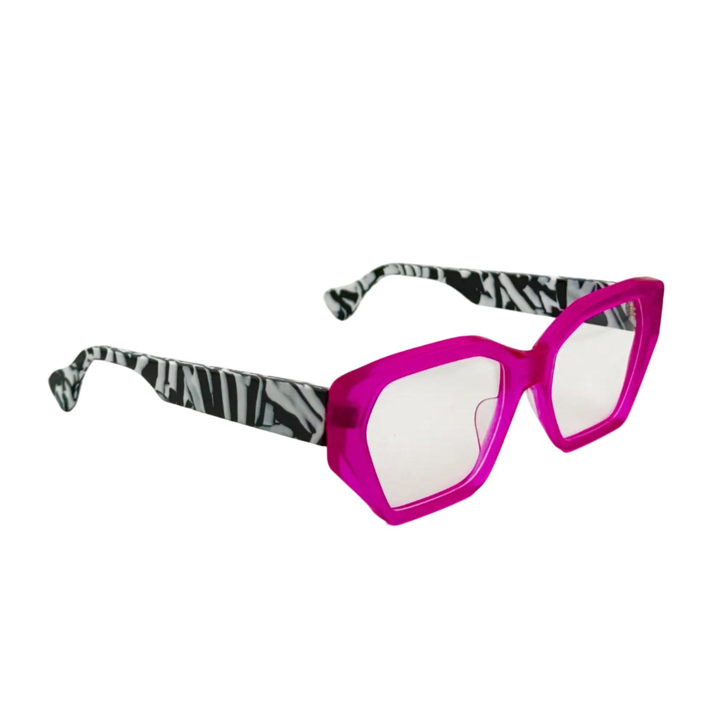 Purple-framed glasses with zebra pattern arms on a white background