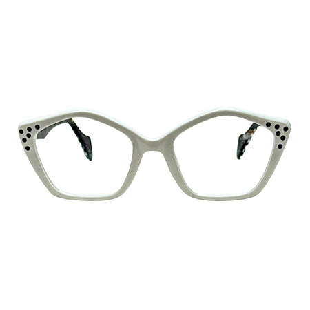 Cat-eye glasses with decorative temple tips on a white background with black diamantes 