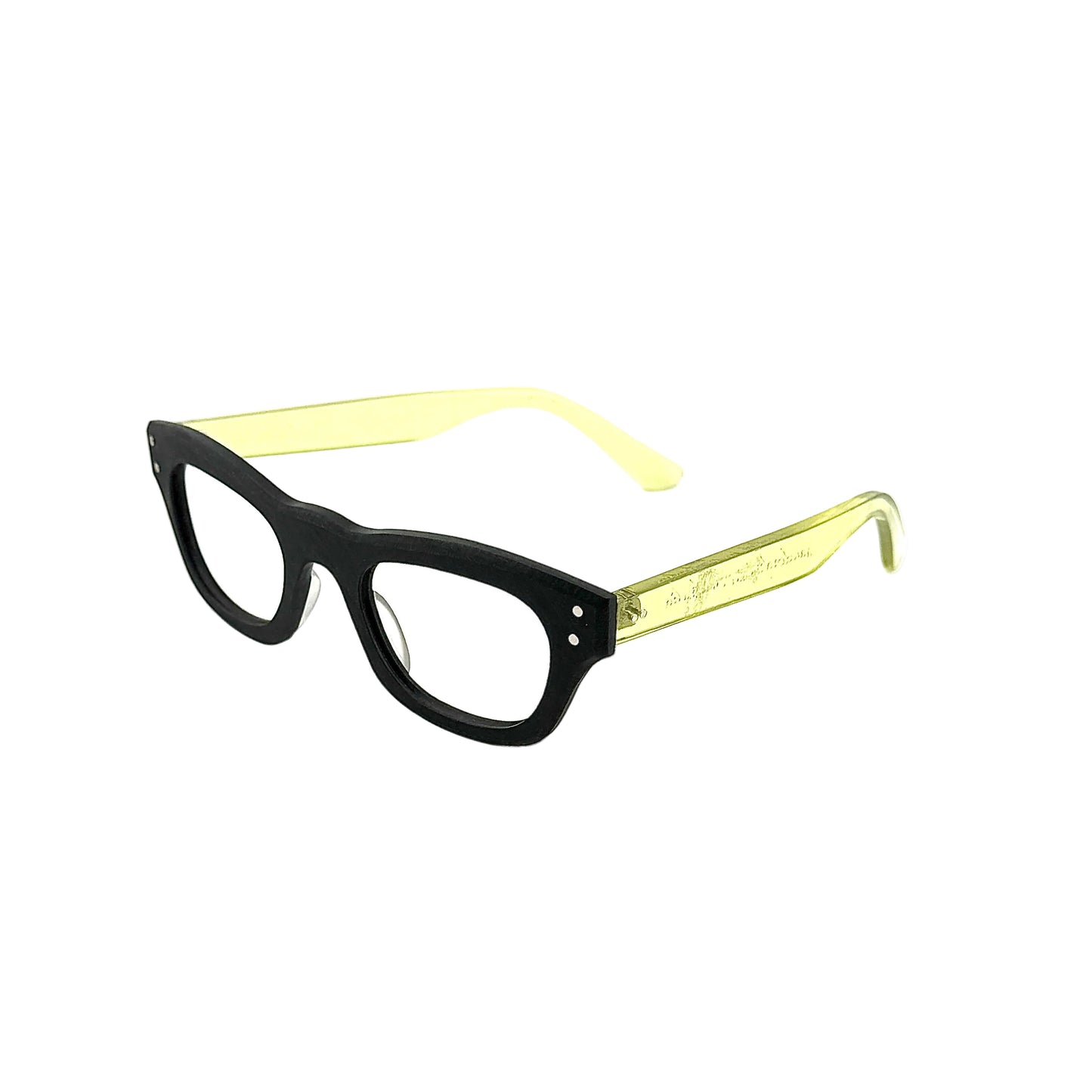 Black and yellow eyeglasses on a white background