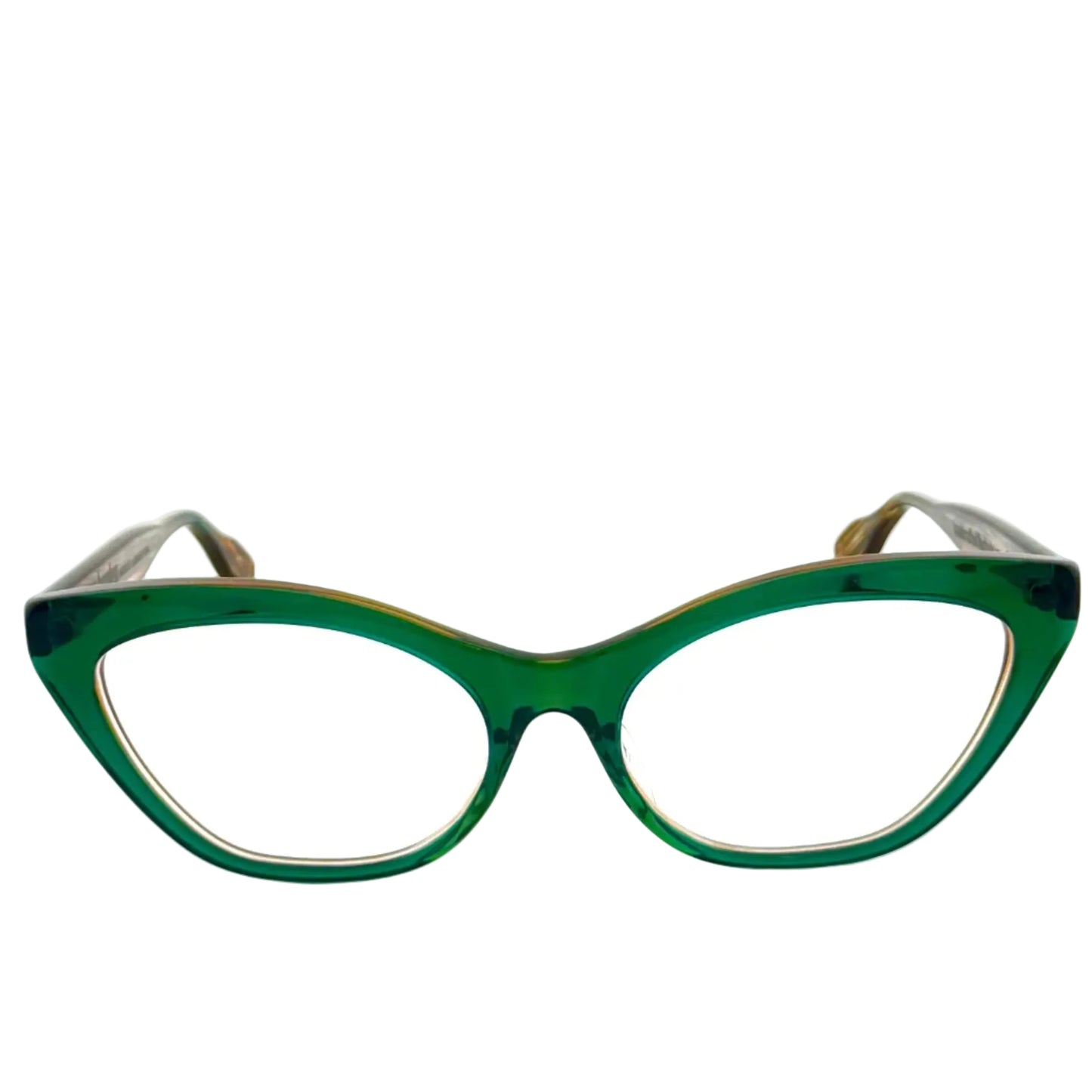 Green eyeglasses with silver frames on a white background