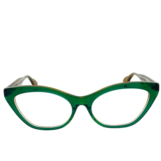 Green eyeglasses with silver frames on a white background