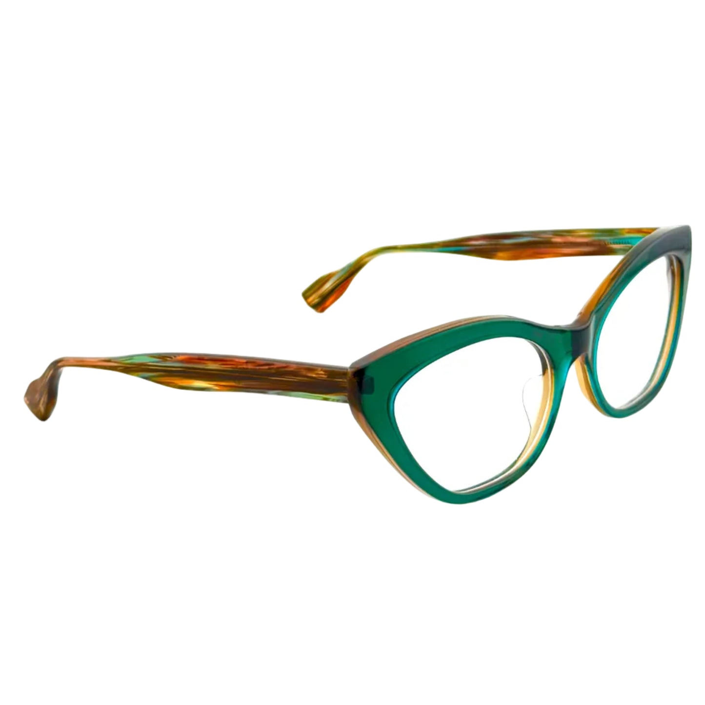 Eyeglasses with a tortoiseshell and green frame on a white background
