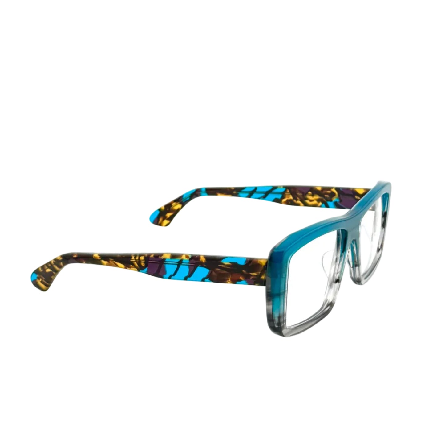 Multicolored eyeglasses on a white background
