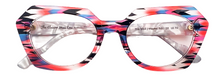 Load image into Gallery viewer, The Nile represents the sophisticated traveller - a lady that owns her own style and isn&#39;t afraid a dip on the wild side. A masterpiece of sleep lines, oval frames, and stunning acetate blends.  It&#39;s a modern classic in the making. A unique, limited edition, handmade fabric optical frame by The Elusive Miss Lou. Size: 53- 20 – 143  Shape: Rectangle
