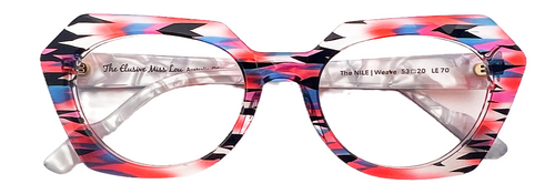 The Nile represents the sophisticated traveller - a lady that owns her own style and isn't afraid a dip on the wild side. A masterpiece of sleep lines, oval frames, and stunning acetate blends.  It's a modern classic in the making. A unique, limited edition, handmade fabric optical frame by The Elusive Miss Lou. Size: 53- 20 – 143  Shape: Rectangle